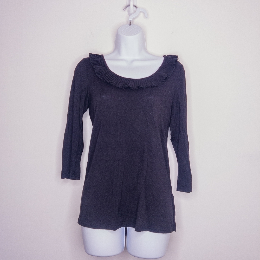 H&M Women's Shirt Ruffle Collar Blouse Black Small Comfy Top